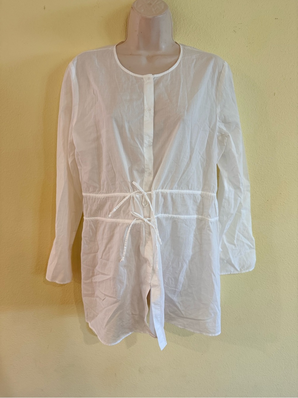 Eileen Fisher White Tie-Front Lightweight blouse lined snap buttons adjustable